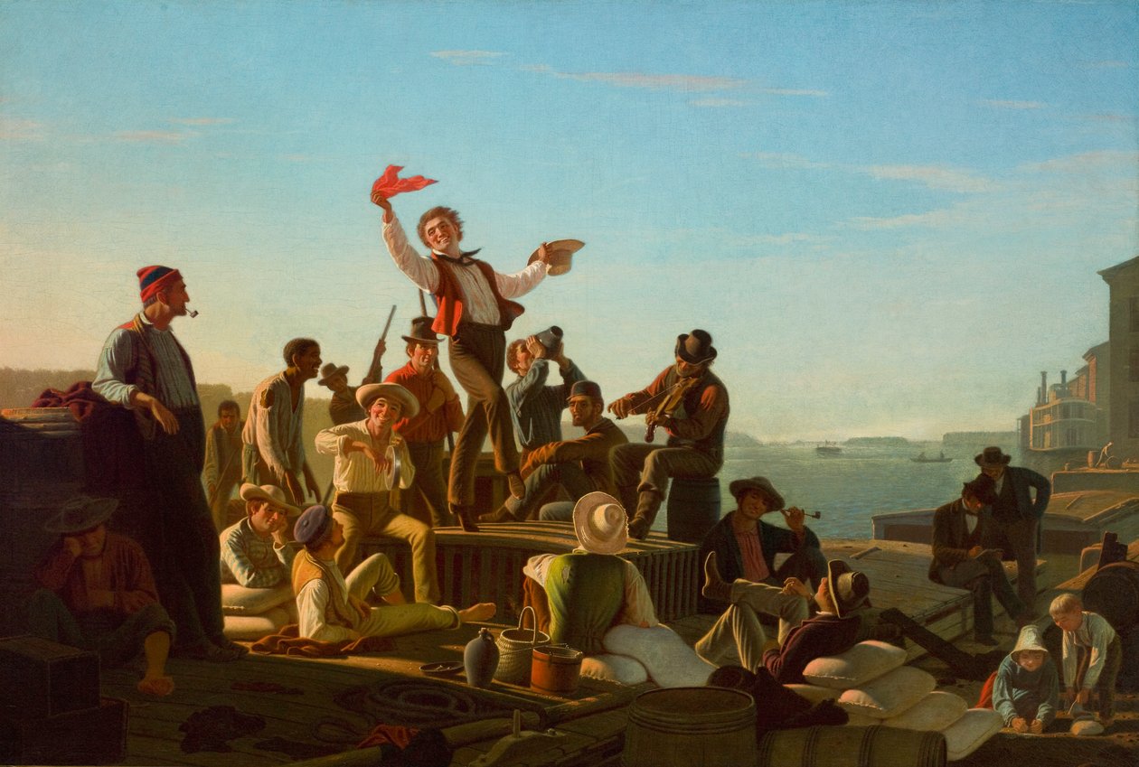 Jolly Flatboatmen a kikötőben alkotó: George Caleb Bingham