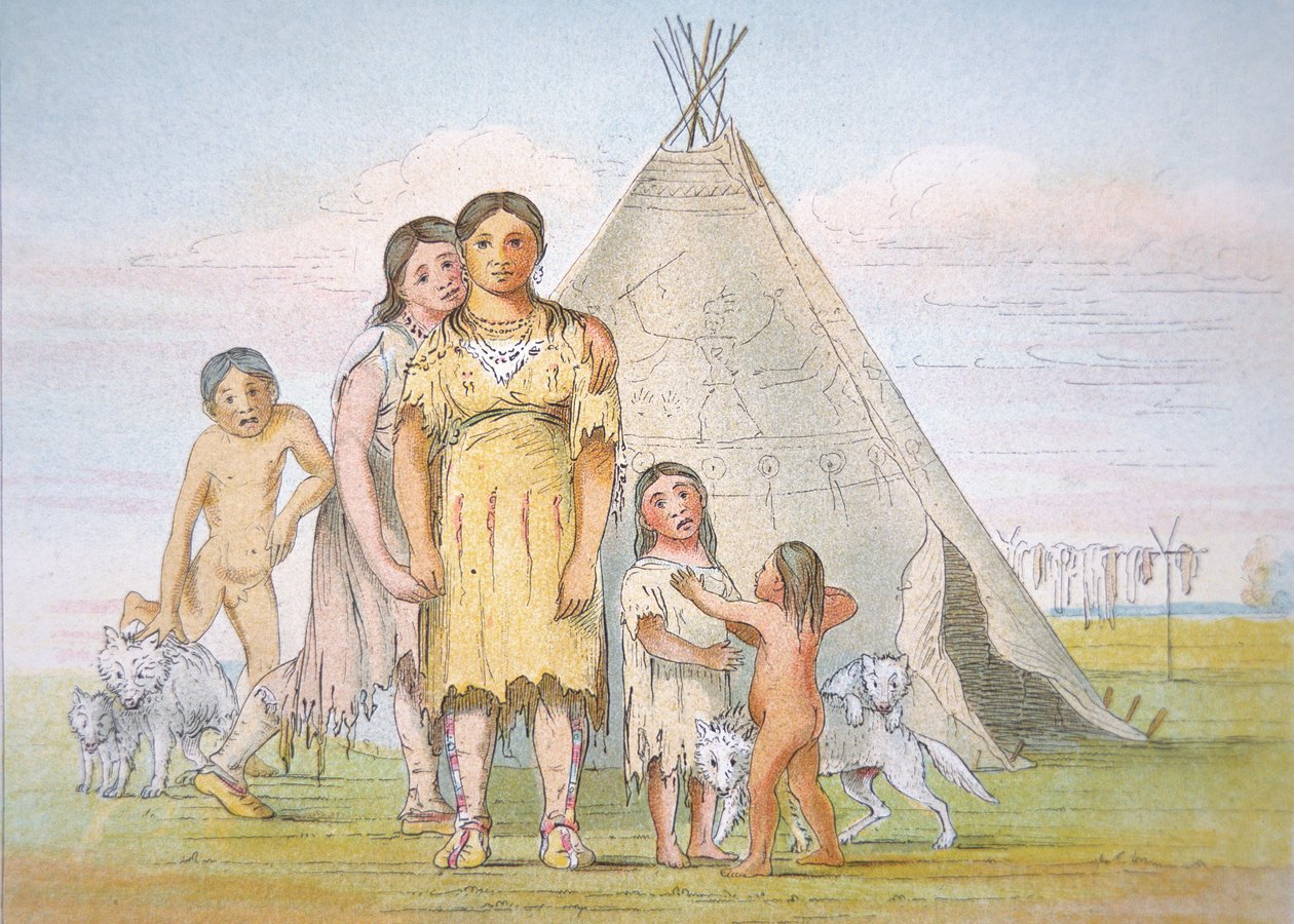 Egy Comanche család a pólójukon kívül alkotó: George Catlin