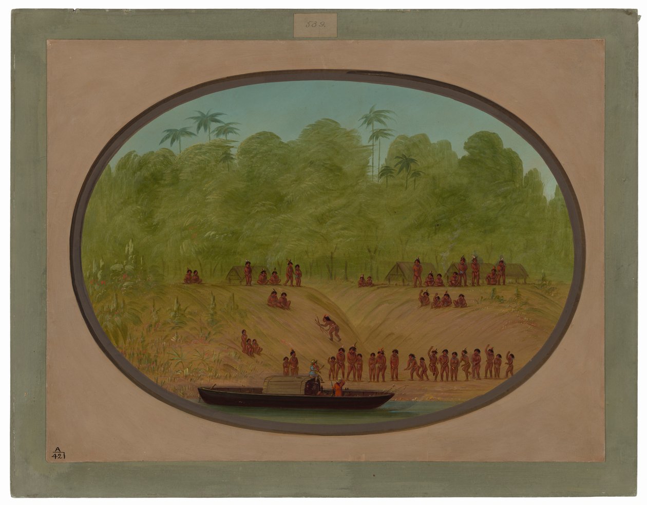 Egy omaguai falu – csónakvázlat alkotó: George Catlin