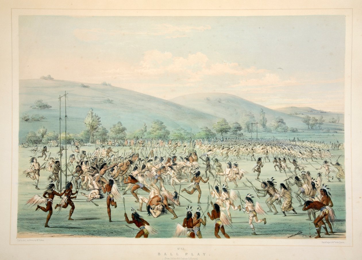 Labdajáték, kocsma. 1845-ös színes litográfia. alkotó: George Catlin