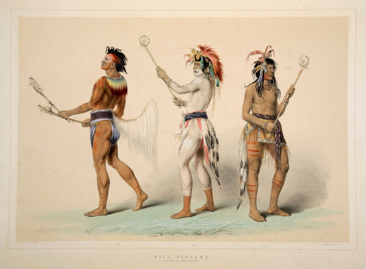 Labdajátékosok, kocsma. 1845-ös színes litográfia. alkotó: George Catlin