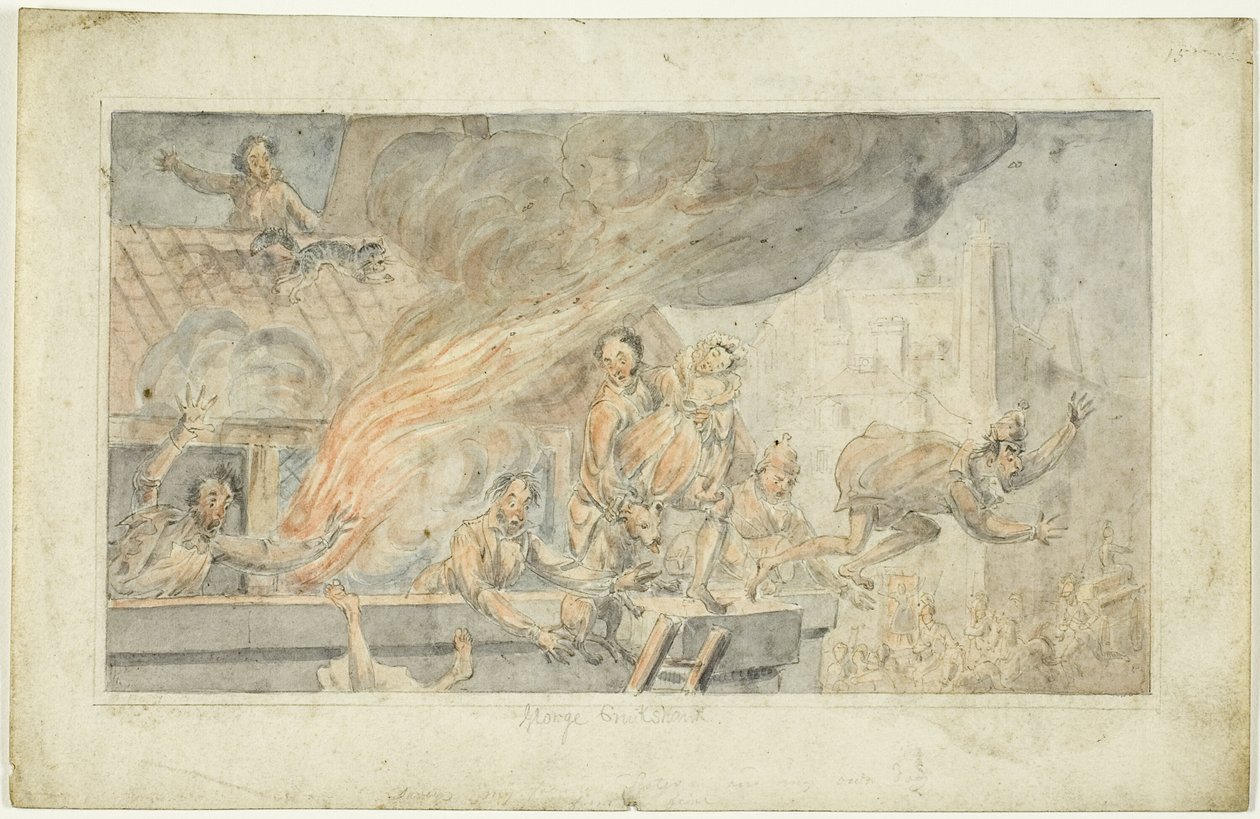 Égő épületből menekülő emberek alkotó: George Cruikshank