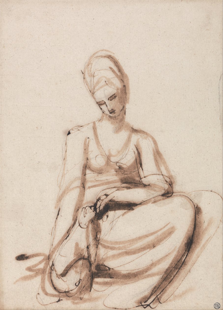 Ülő nő állatot etet alkotó: George Romney