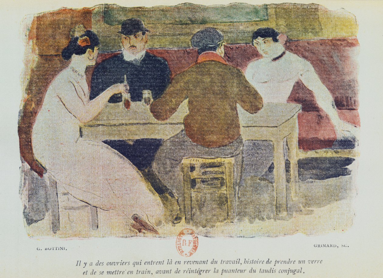 Munkások isznak, illusztráció Jean Lorrain (1855-1906) „La Maison Philibert” című művéből, 1904-ben megjelent alkotó: Georges Bottini