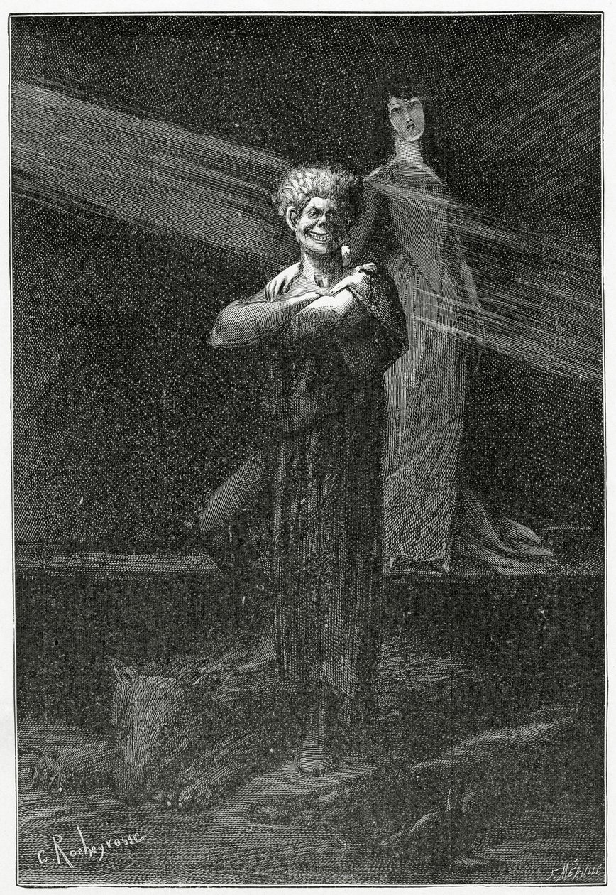 Káosz legyőzve - illusztráció a The Laughing Man-ból, 19. század (bw-metszet) alkotó: Georges Marie Rochegrosse