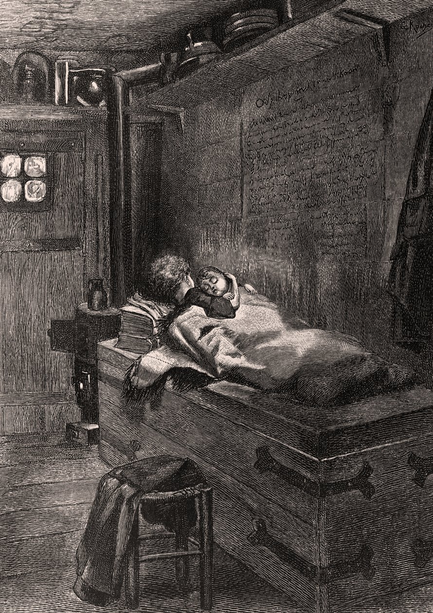 Gwynplaine és Dea alszik egy ládán - illusztráció a L