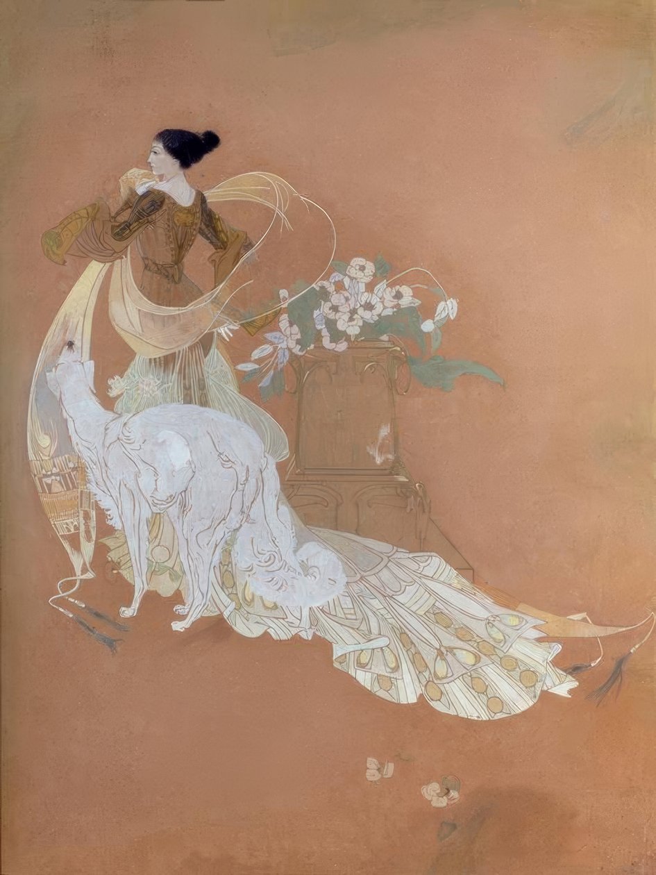 Georges de Feure, Elegante Dame mit Barsoi / Gouache alkotó: Georges de Feure