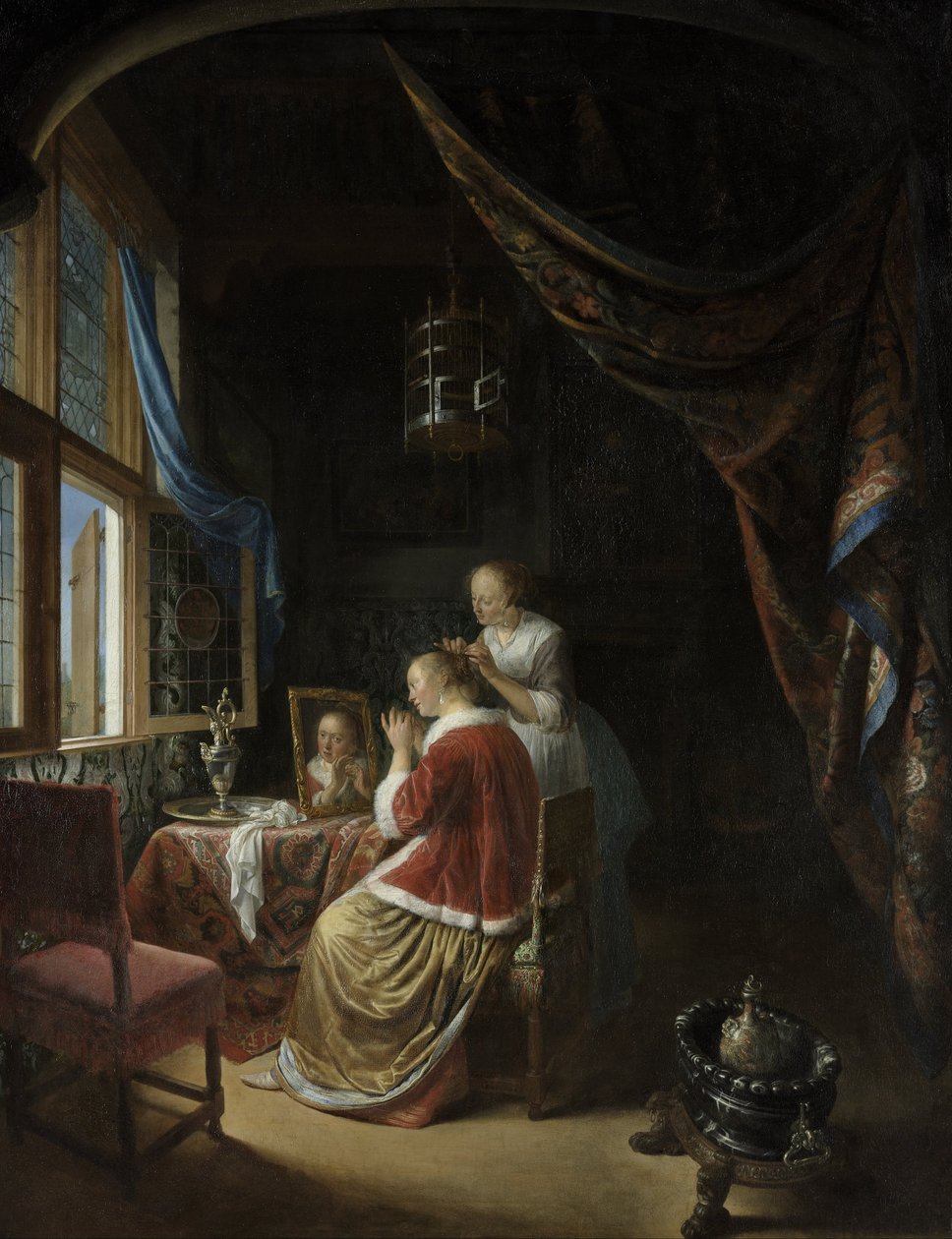 Egy fiatal nő a WC -jében alkotó: Gerrit Dou