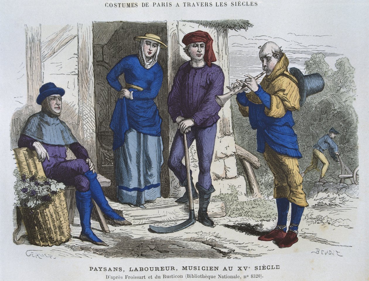 Paraszt, munkás, zenész a tizenötödik században, Froissard "Chroniques" című műve után, a "Costumes de Paris a Travers les Siecles" című kötetből, szerk. Roy, megjelent 1887-ben. alkotó: Gerlier