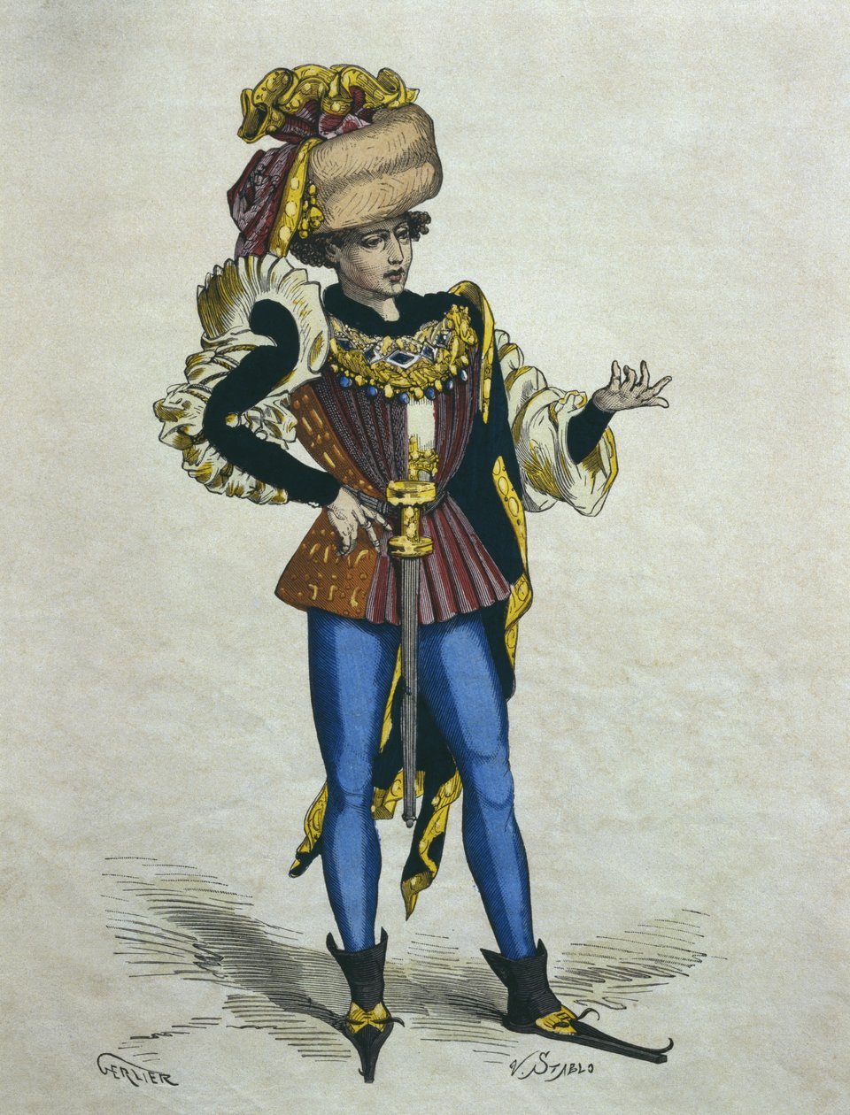 Elegáns fiatalember 1480-ban, illusztráció H. Gourdon de Genouillac „Paris viseletei a travers les siecles” című művéből, Stablo metszet (19. század) (színes metszet) alkotó: Gerlier