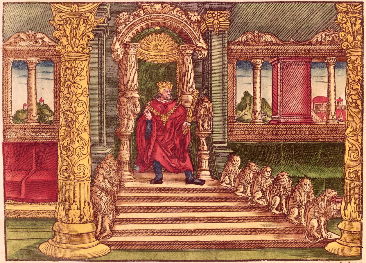Salamon király a trónján, 1. kiadás, a Luther-bibliából, 1530 körül (színes fametszet) alkotó: German School