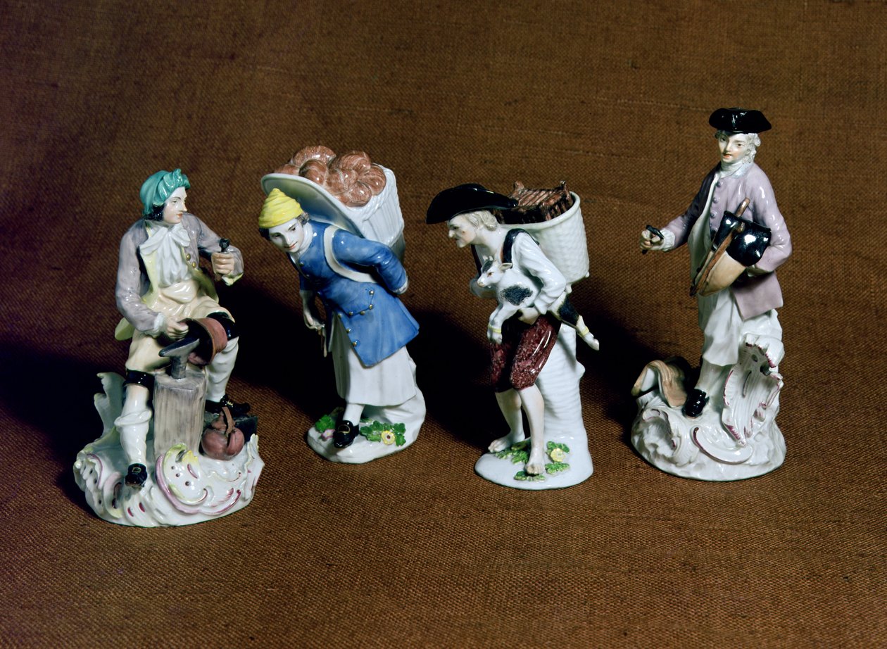Meisseni figurák: nyerges, kecskeárus és rézműves, mintázta Johann Joachim Kandler (1706-75) és egy pék fiú Peter Reinicke (1715-68), 1750 körül (porcelán) alkotó: German School