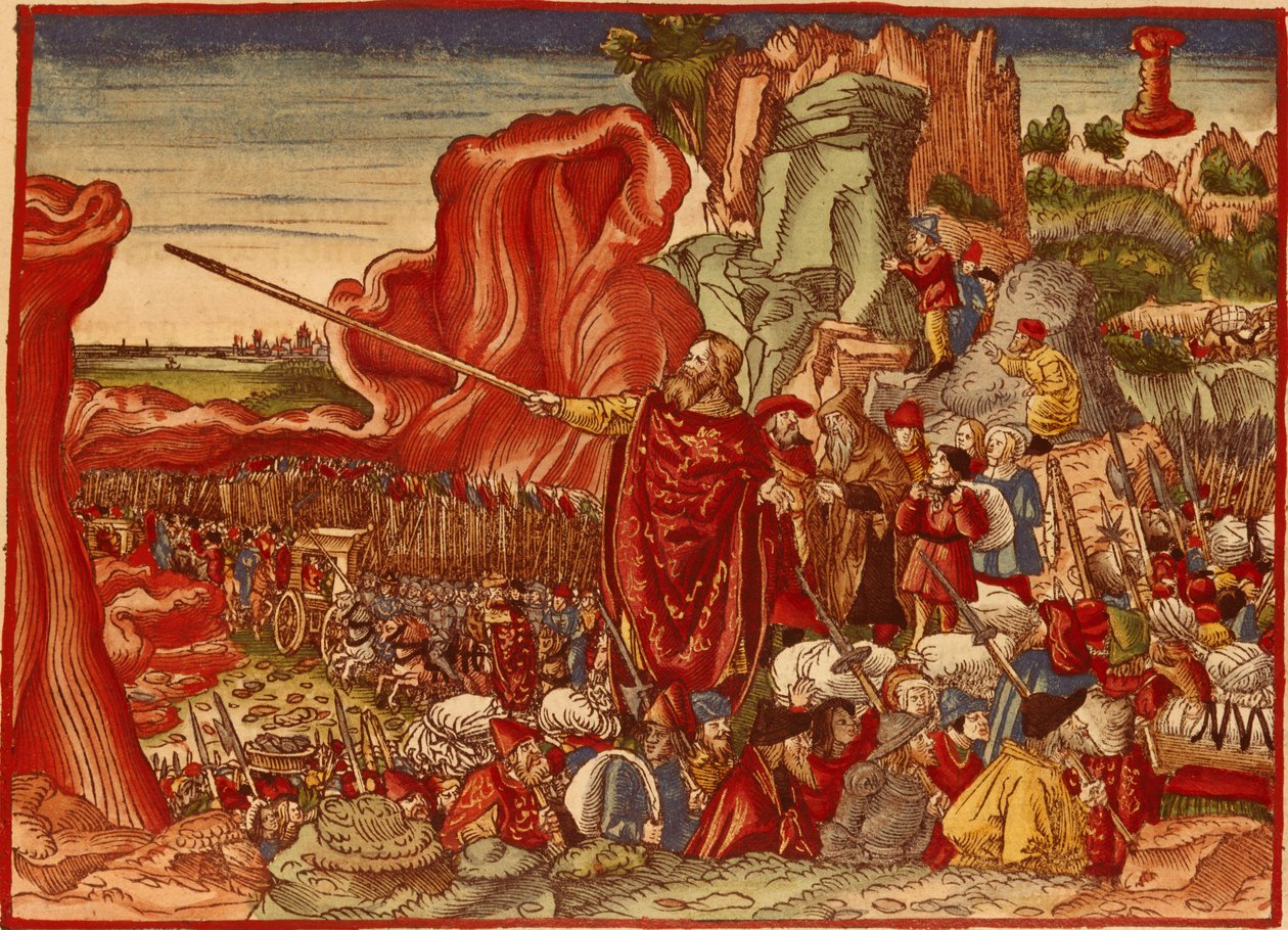 Mózes elválasztja a Vörös-tengert, kép a Luther-bibliából (kézzel színezett nyomat) alkotó: German School