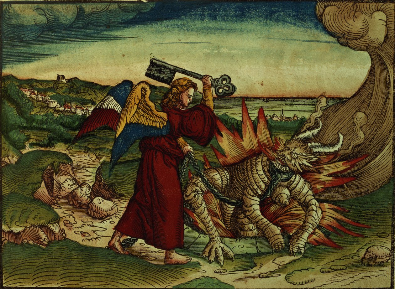 Jelenések 20:18 A feneketlen gödör kulcsa, 1. kiadás, a Luther Bibliából, 1530 körül (színes fametszet) alkotó: German School