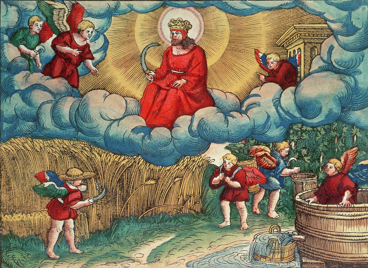 Jelenések 14:14 A Kaszás, Armageddon látomása, a Luther Bibliából, 1530 körül (színes fametszet) alkotó: German School