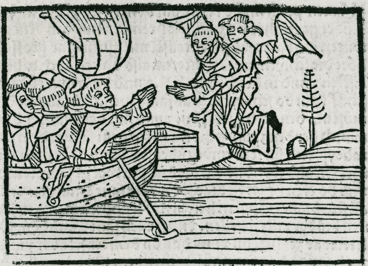 St. Brendan és a démon, illusztráció a "St. Brendan utazása" című könyvből, 1499 alkotó: German School