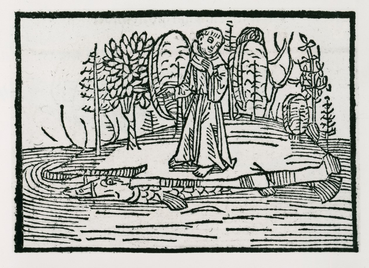 St. Brendan a halszigeten, illusztráció a "The Voyage of St. Brendan" című könyvből, 1499 alkotó: German School