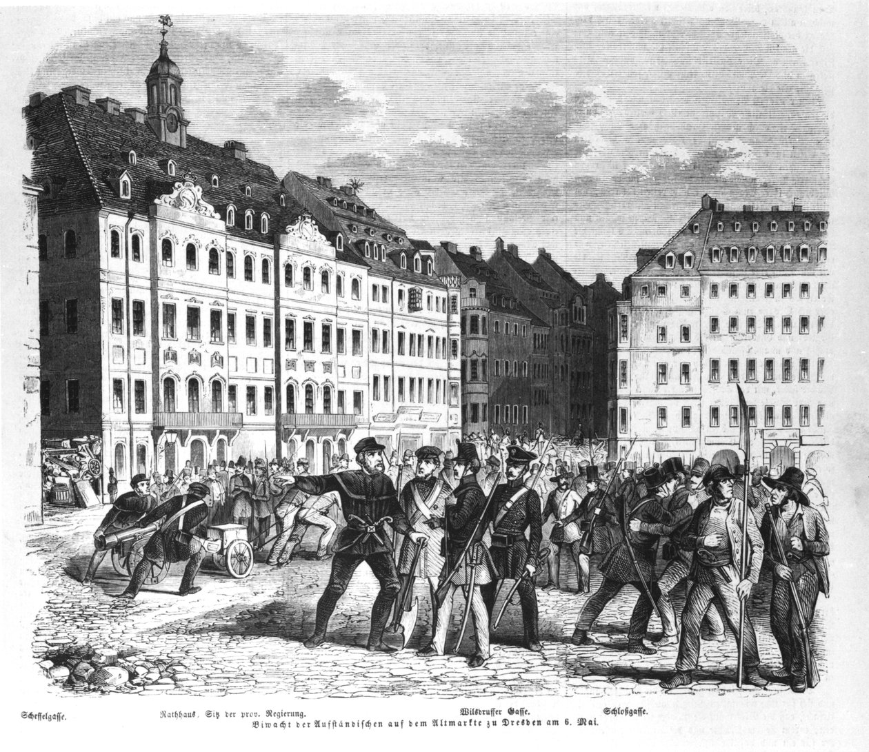Felkelés Drezdában 1848. március 6-án, illusztráció az Illustrierte Zeitungból alkotó: German School