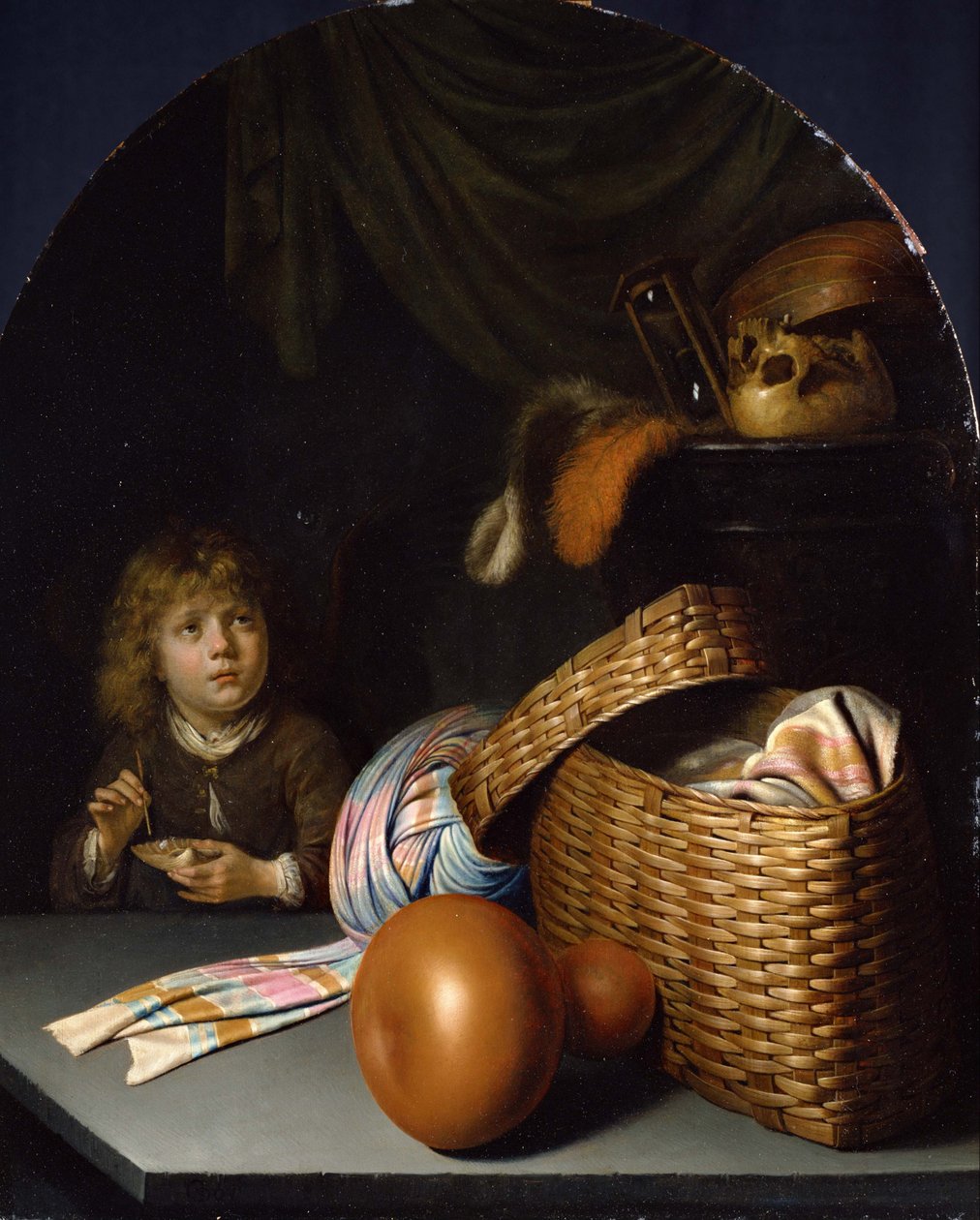 Csendélet szappanbuborékokat fújó fiúval. alkotó: Gerrit Dou