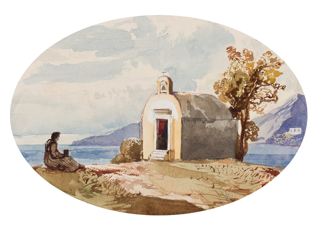 Kápolna a tenger mellett, Maria Annunziata di Borbone hercegnő (1843-1871) kiegészítéseivel (ceruza, wc és gouache papíron) alkotó: Giacinto Gigante