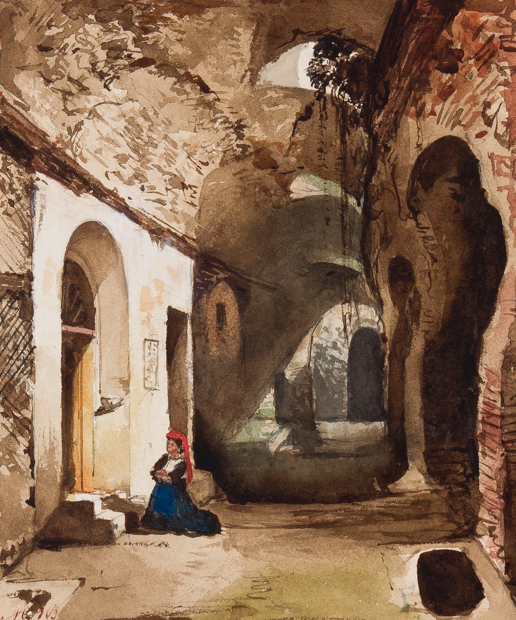 Nő imádkozik a boltíves szentélyben a Pozzuoli amfiteátrumban, Maria Annunziata di Borbone hercegnő (1843-1871) kiegészítéseivel (ceruza, wc és gouache papíron) alkotó: Giacinto Gigante