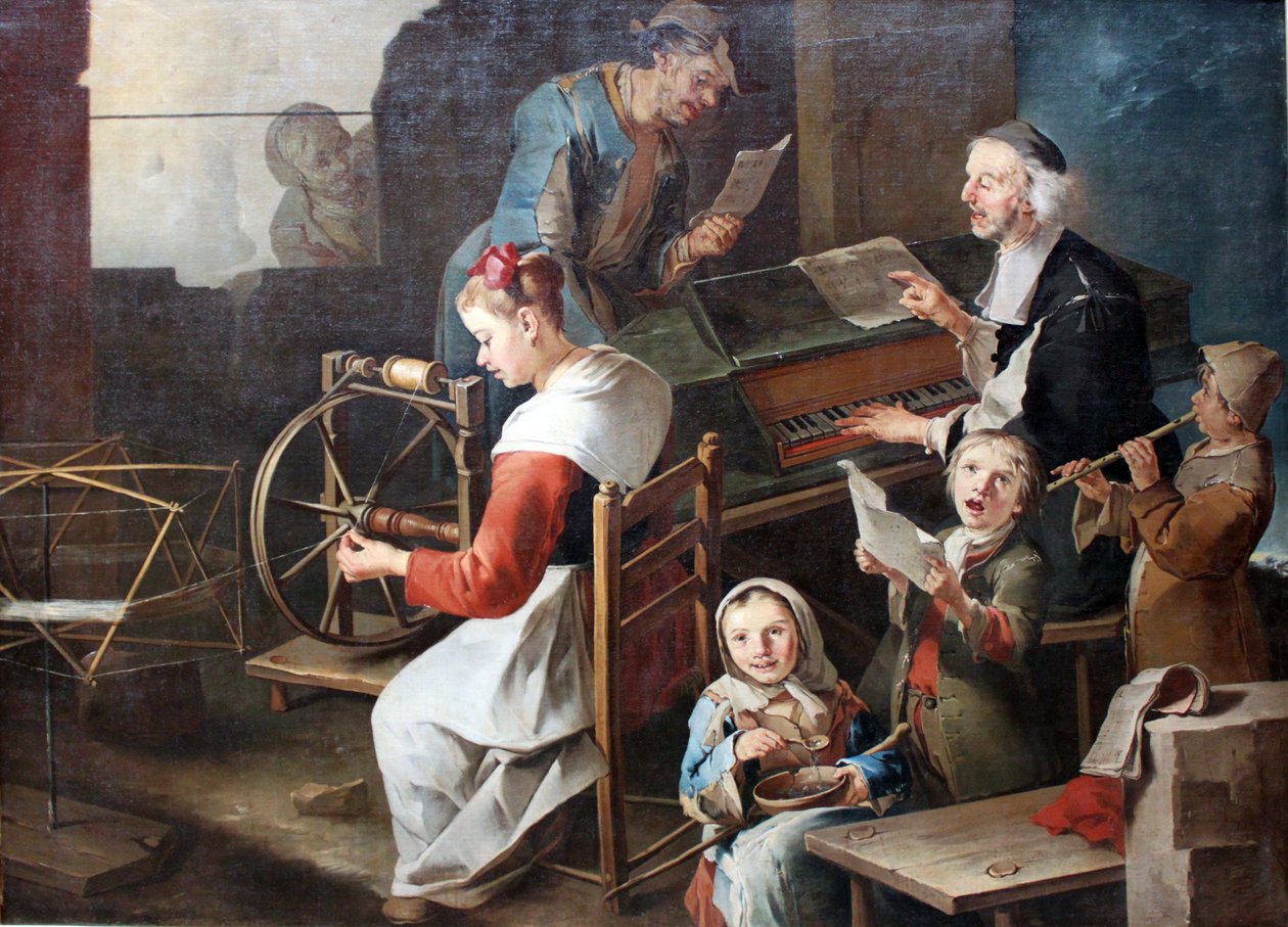 Hazai jelenet zenészekkel és fonóval alkotó: Giacomo Francesco Cipper