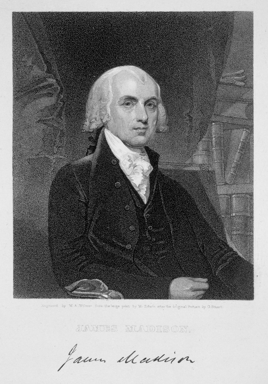 James Madison portréja, amelyet William A. Wilmer (kb. 1820-kb. 1855) metszett David Edwin (1776-1841) nyomata után alkotó: Gilbert Stuart