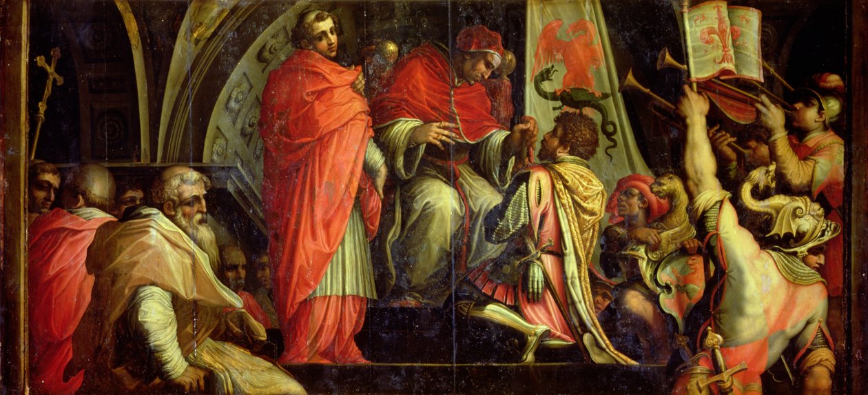 IV. Kelemen (1265-68) fegyverletétel a Guelph-párt vezetőinek a Salone dei Cinquecento mennyezetéről, 1565 (tábla) alkotó: Giorgio Vasari