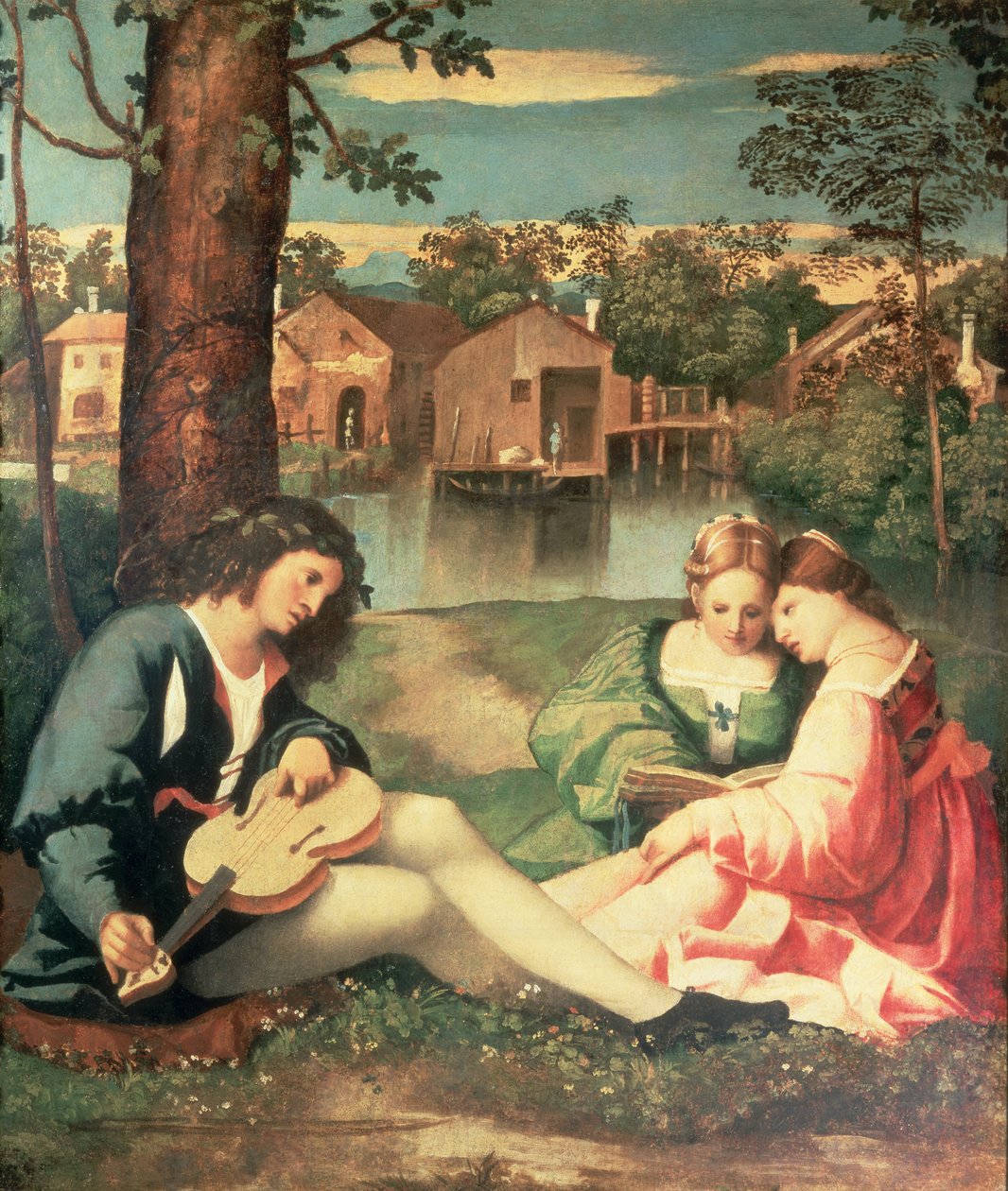 Fiatalok egy gitárral és két lánnyal ülnek a folyóparton alkotó: Giorgione da Castelfranco
