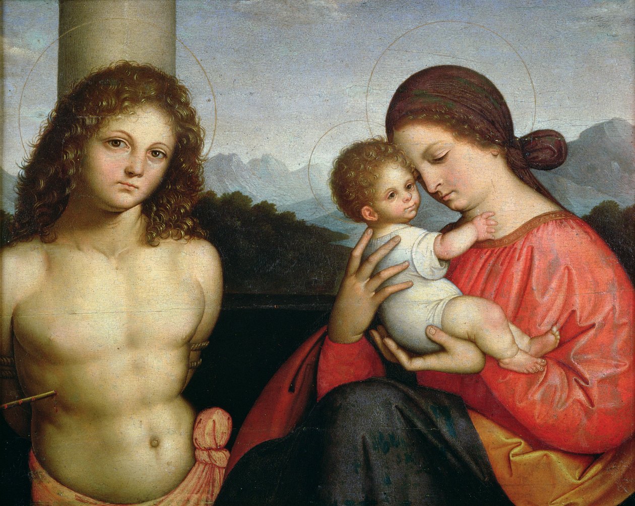 Madonna és gyermeke Szent Sebestyénnel (panel) alkotó: Giovanni Agostino da Lodi