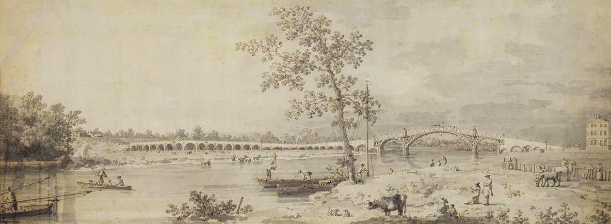 Old Walton Bridge a Middlesex partjáról nézve, 1755 (toll és tus, mosással, papír) alkotó: Giovanni Antonio Canal