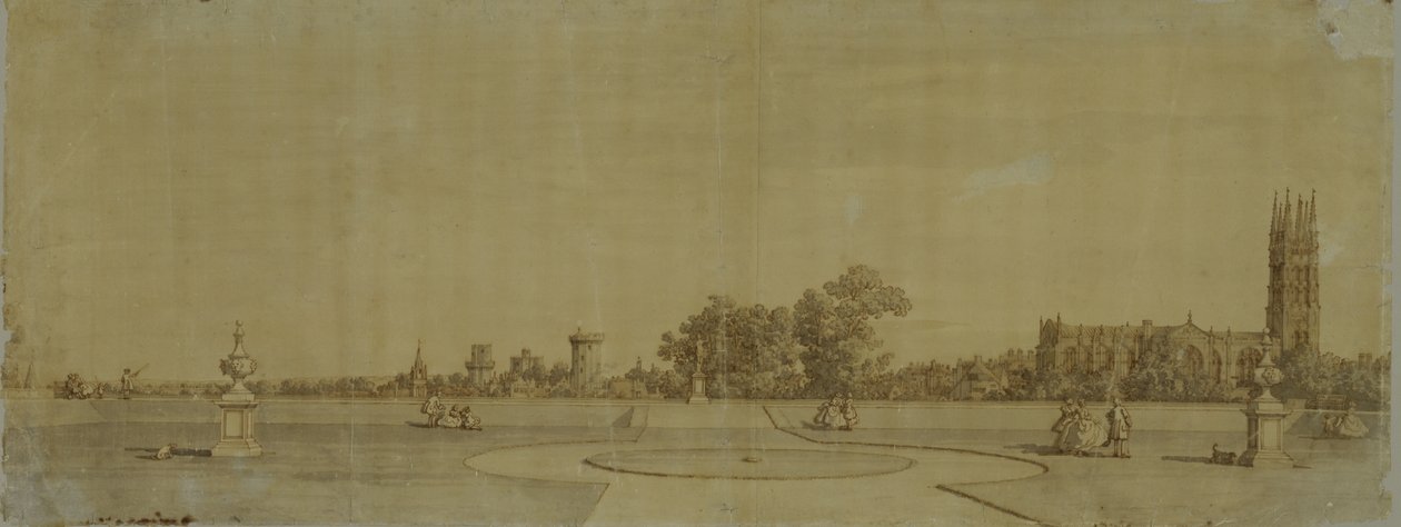 Warwick: A város és a kastély a Priory Gardensből (toll és barna tinta grafiton) alkotó: Giovanni Antonio Canal