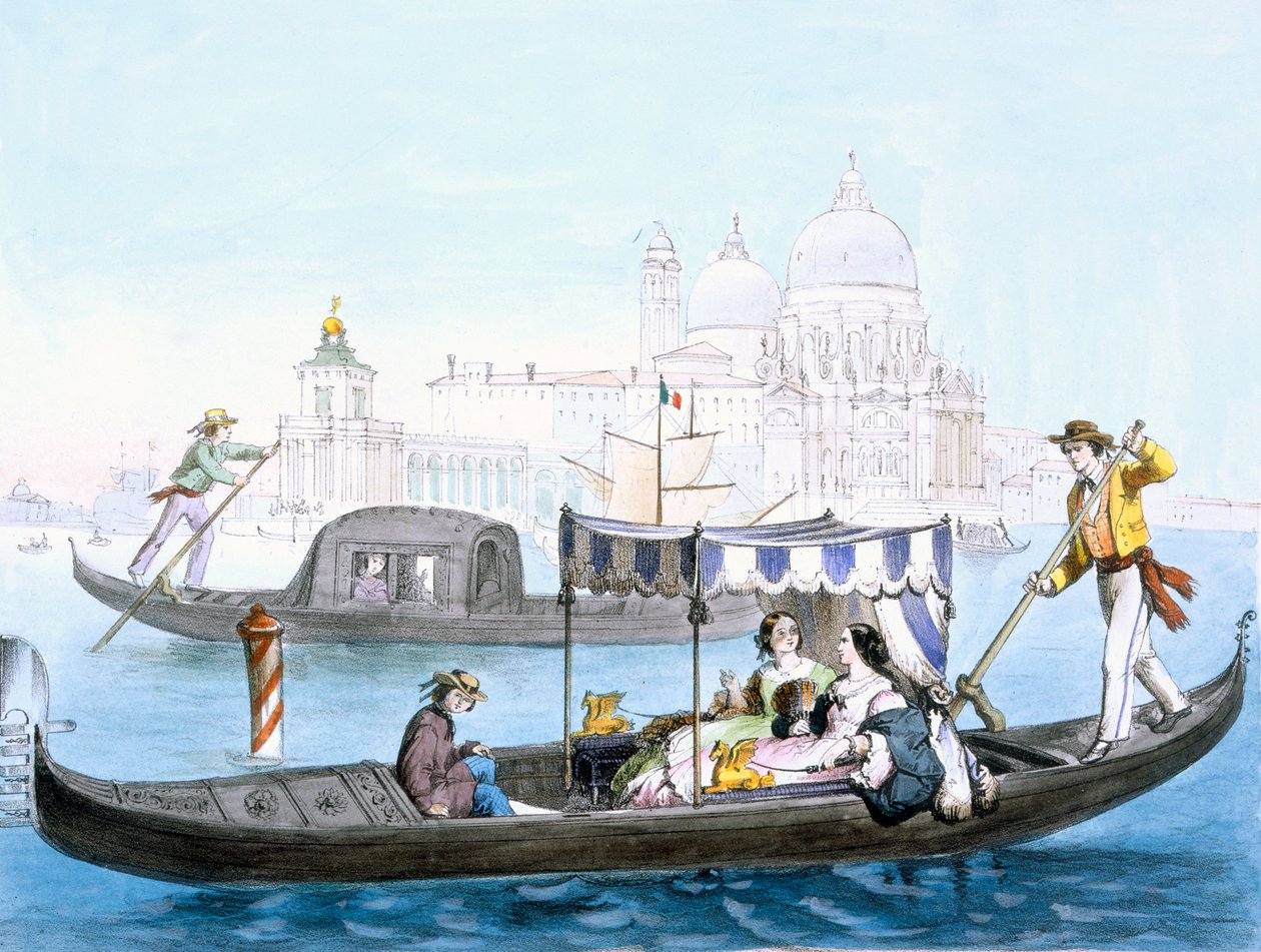 Velencei gondola, a "Vedute dei Principali Monumenti di Venezia"-ból, 1850 körül. alkotó: Giovanni Battista Cecchini