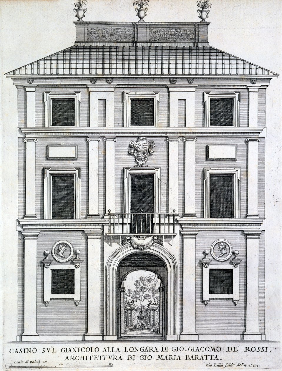 Giacomo de Rossihoz tartozó kerti kaszinó a Gianicolo alla Longarán, a „Palazzi di Roma”-ból, 1696-1702 körül alkotó: Giovanni Battista Falda