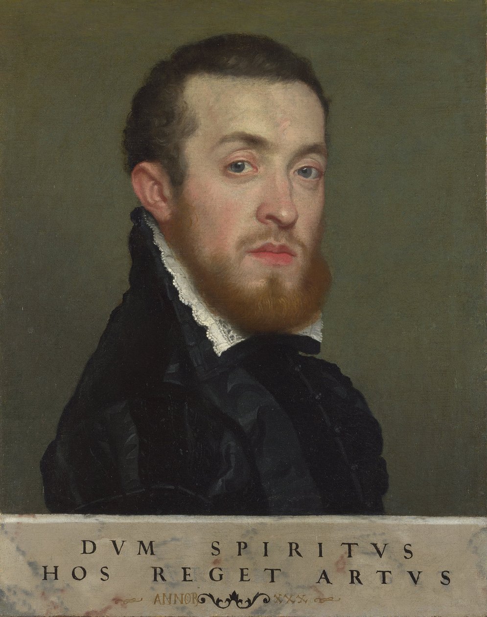 Egy fiatal férfi mellszobra felirattal alkotó: Giovanni Battista Moroni