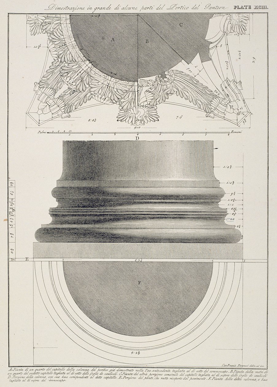 XCIII. tábla A Pantheon portikuszának egy részletének nagyméretű illusztrációja a „Vedute”-ból, először 1756-ban, pub. írta: E. und F.N. Spon Kft., 1900 alkotó: Giovanni Battista Piranesi