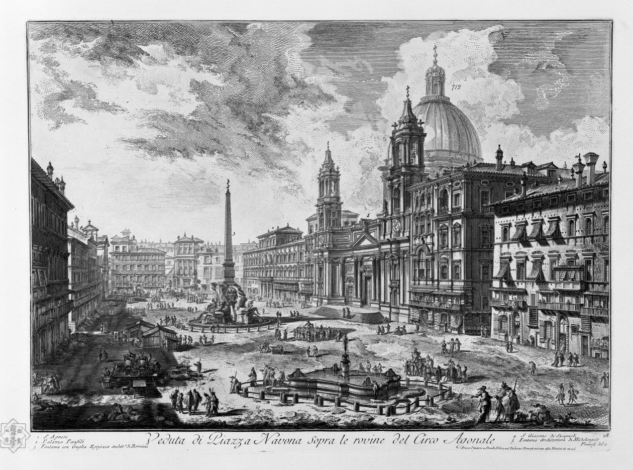 Kilátás a Piazza Navona térre az Agonal Circus romjai felett. Sant