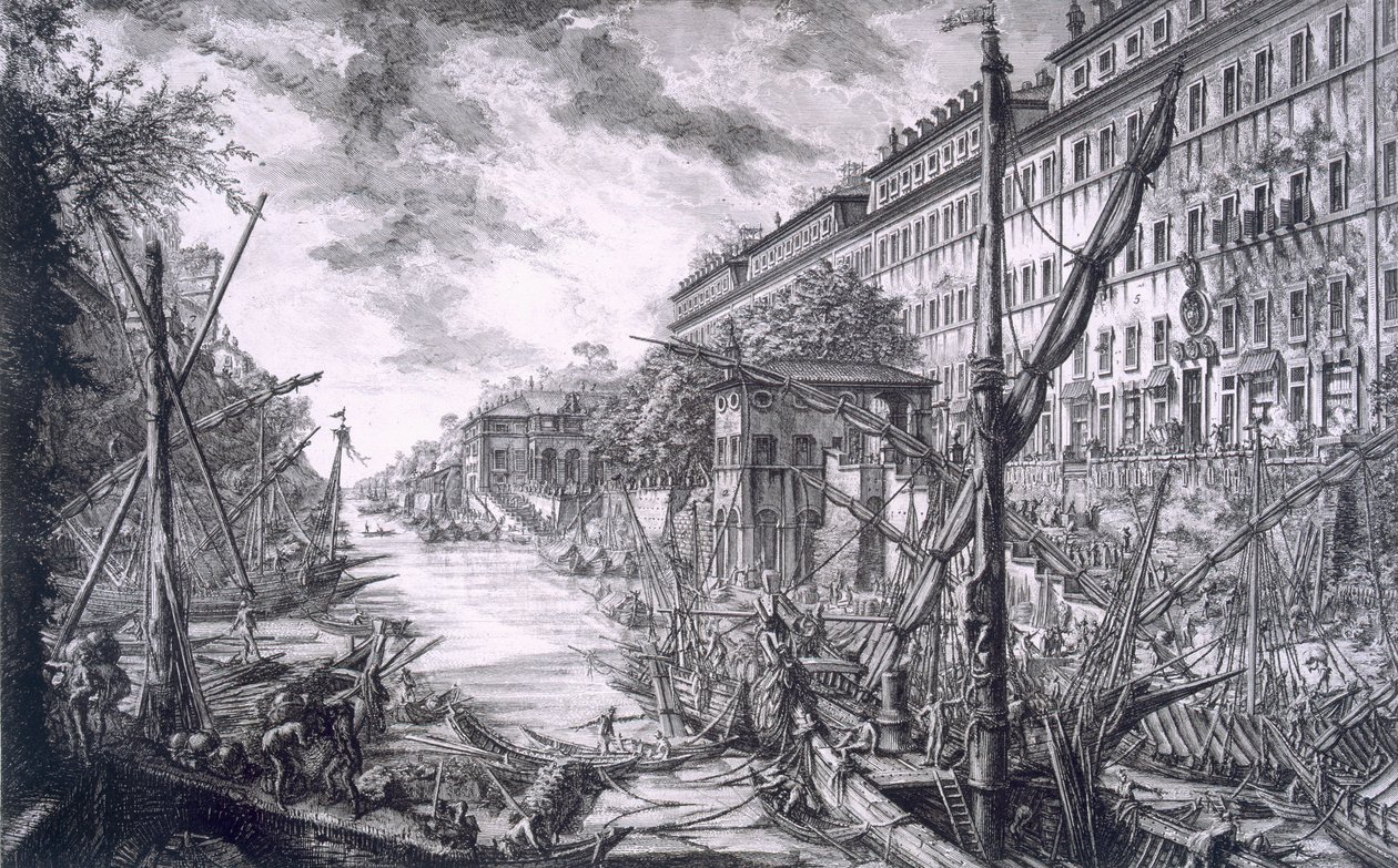Kilátás Ripa Grande kikötőjére, a „Különböző építészeti munkák, perspektívák, groteszkek, régiségek” című könyvből, 1743. alkotó: Giovanni Battista Piranesi