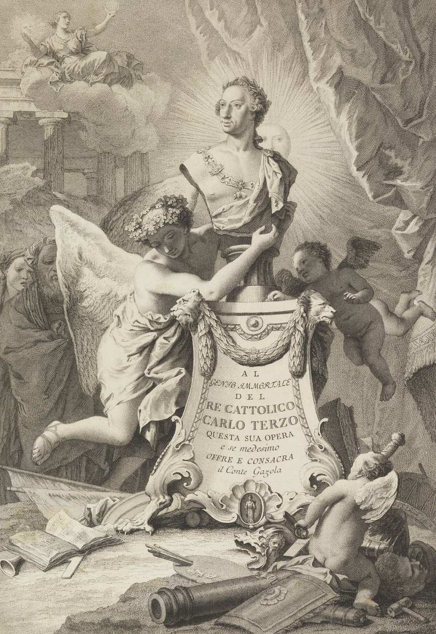 Dedikációs lap III. Károlynak, a spanyoloknak és a két szicíliának, előlapja Paolantonio Paoli, Ro ... alkotó: Giovanni Battista Tiepolo