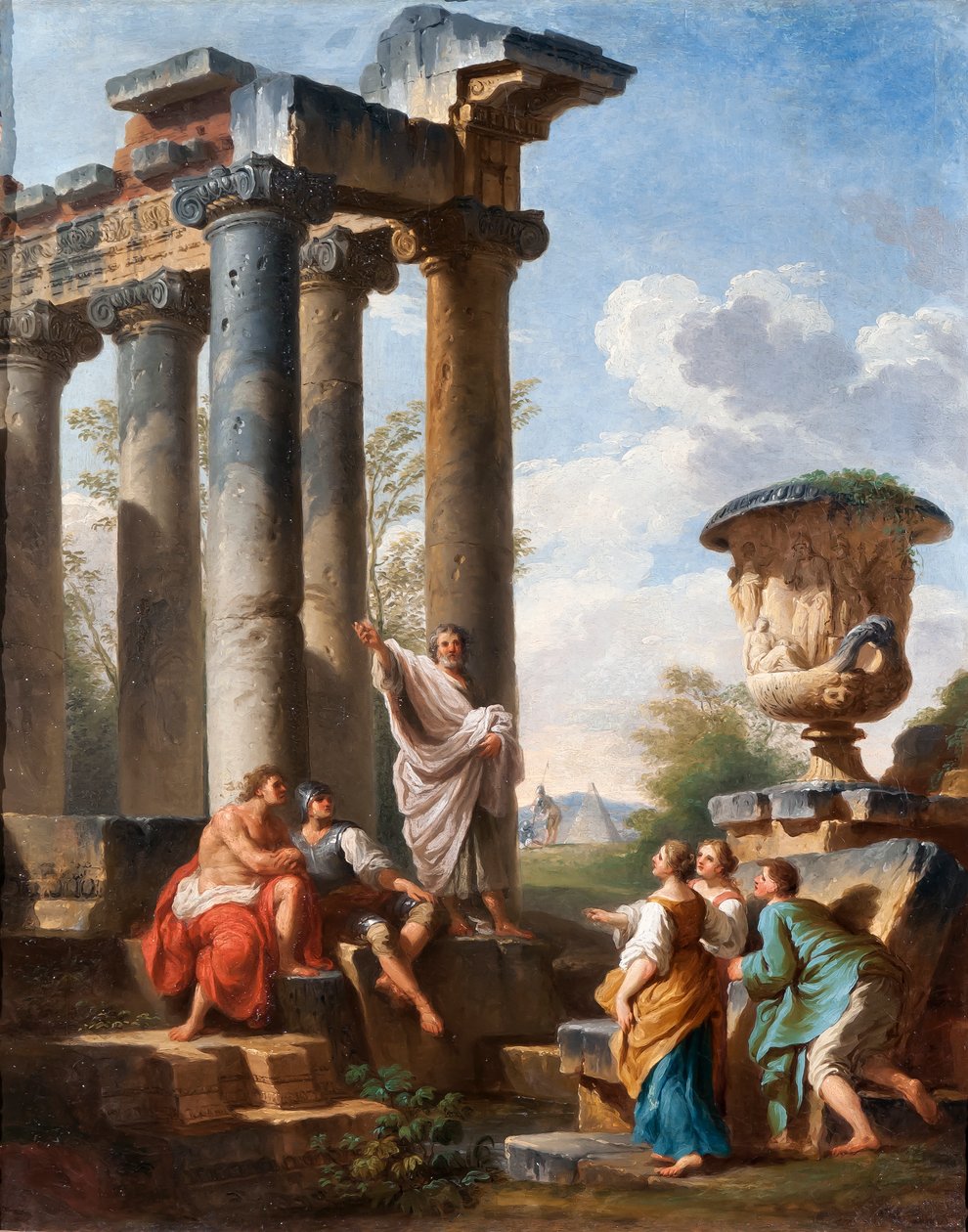 Capriccio egy szent prédikációjával, a Medici vázával, egy romos templommal és Cestius piramisával, 1745 körül alkotó: Giovanni Paolo Pannini