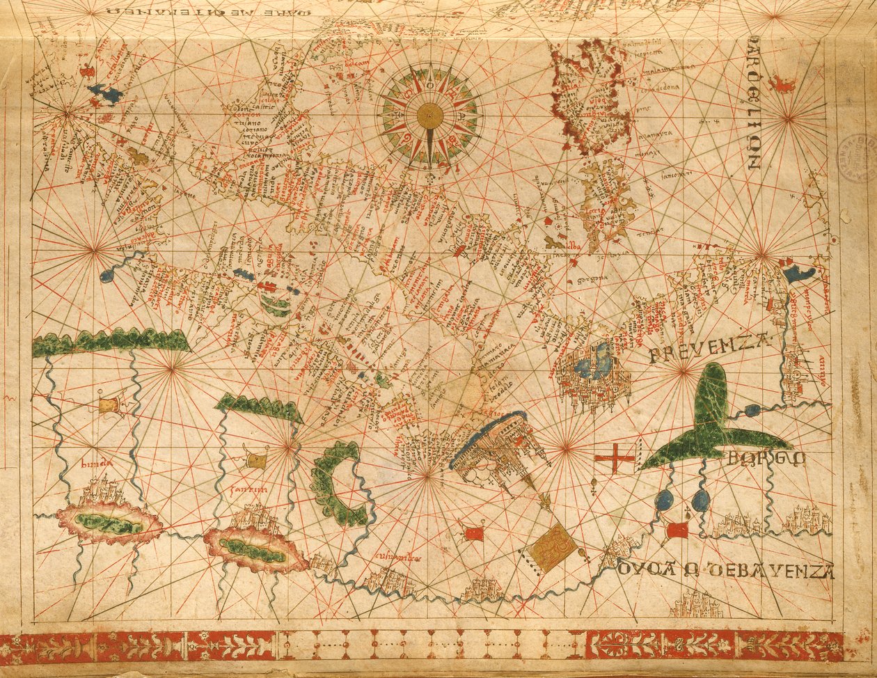 Provence és Olaszország, tengeri atlaszból, 1520 (tinta pergamen) (részlet a 330915-ből) alkotó: Giovanni Xenodocus da Corfu