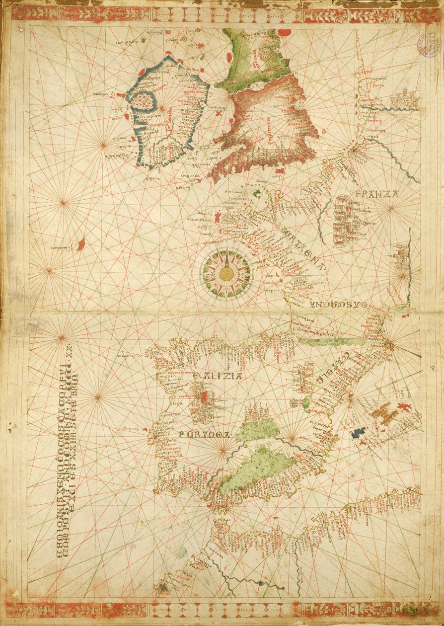 Európa és Afrika Atlanti-óceán partjai egy tengeri atlaszból, 1520 (tinta pergamen) (lásd még: 330911-330912) alkotó: Giovanni Xenodocus da Corfu