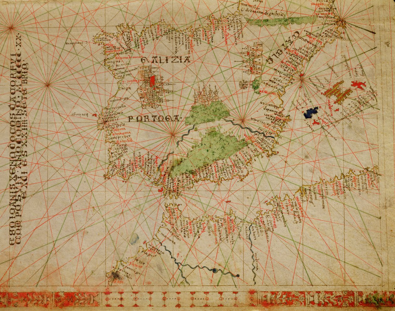 Az Ibériai-félsziget és Afrika északi partja, egy tengeri atlaszból, 1520 (tinta pergamen) (részlet a 330910-ből) alkotó: Giovanni Xenodocus da Corfu