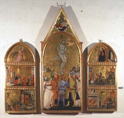 Szent Sebestyén vértanúsága oltárkép, a mártíromságot bemutató központi panel, a szent életének egyéb jeleneteit bemutató oldallapok (tempera a panelen) alkotó: Giovanni di Niccolo del Biondo