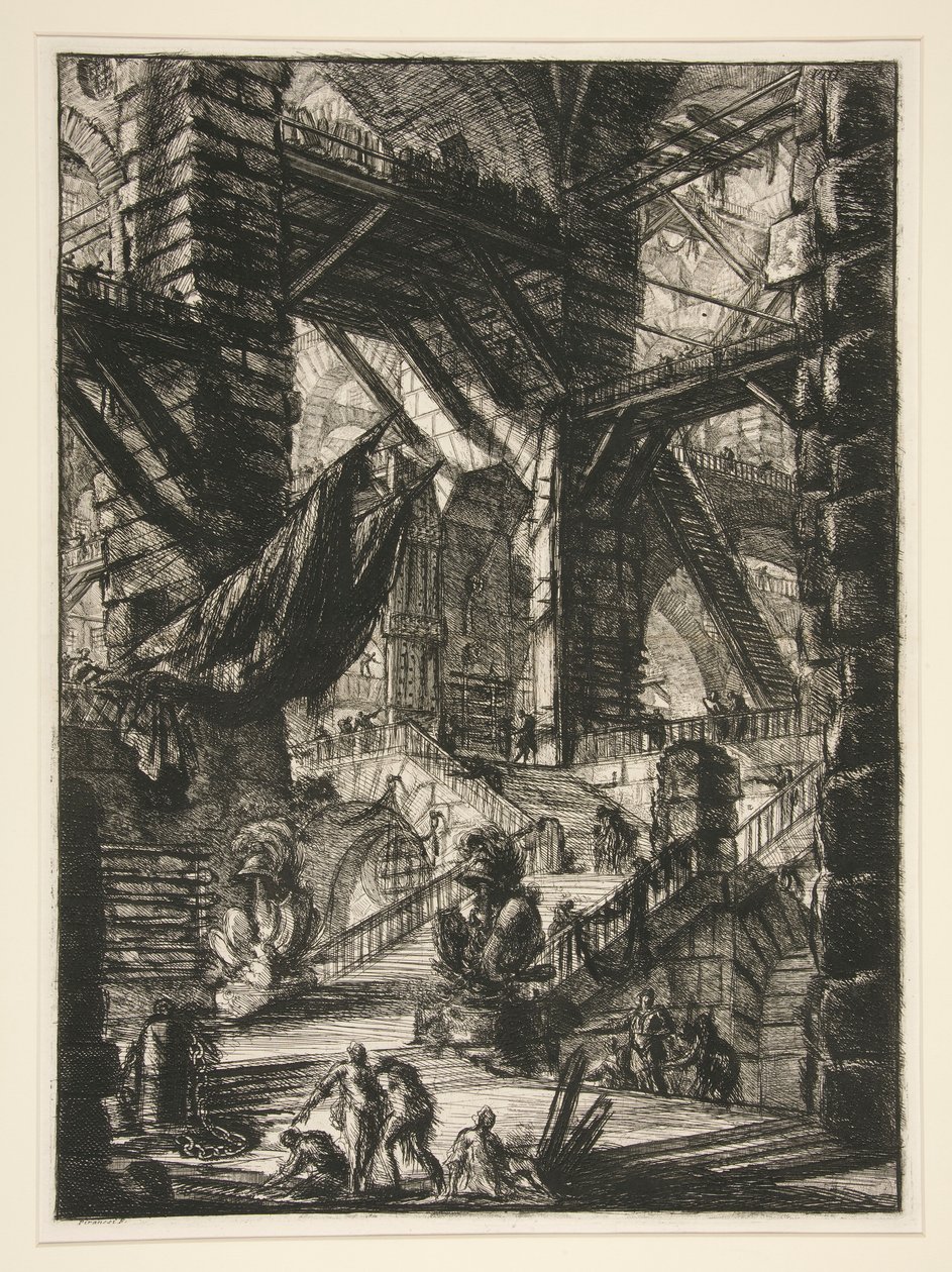 Carceri, VIII: A lépcsőház trófeákkal alkotó: Giovanni Battista Piranesi
