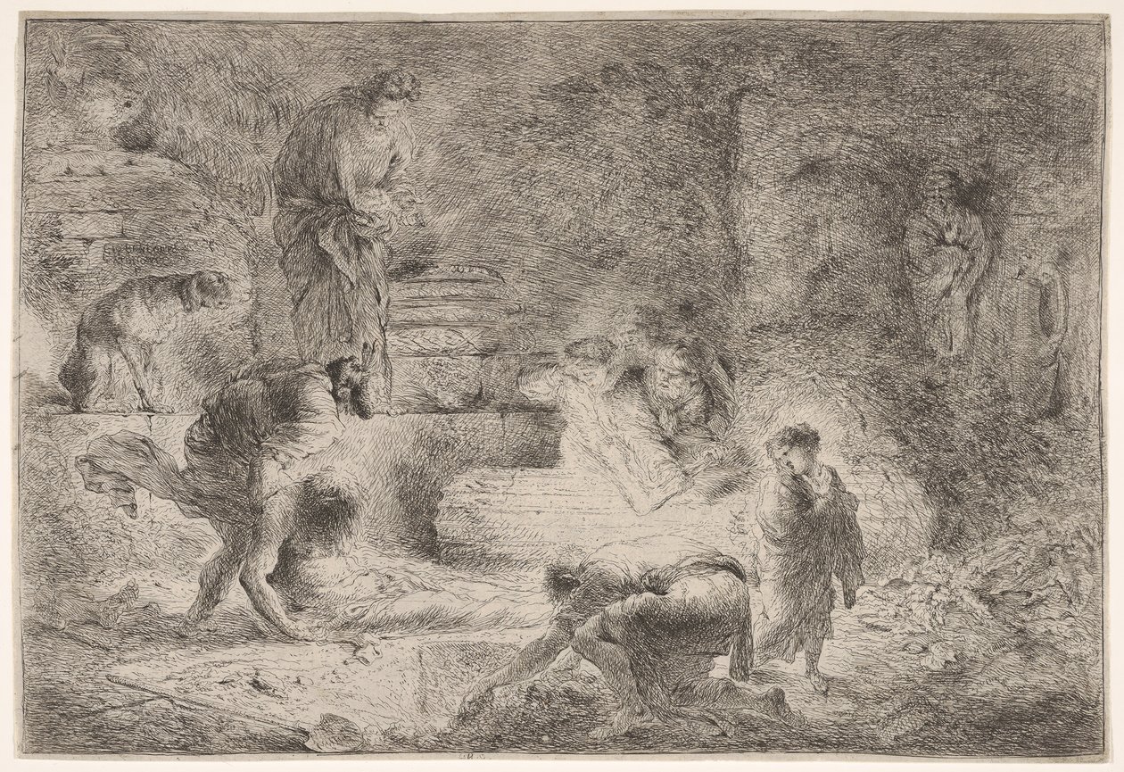 Tobit a halottak temetése, kb. 1647-51. alkotó: Giovanni Benedetto Castiglione
