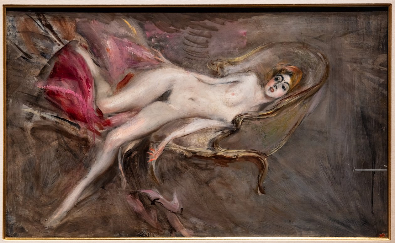 Meztelen nő rózsaszín párnán alkotó: Giovanni Boldini