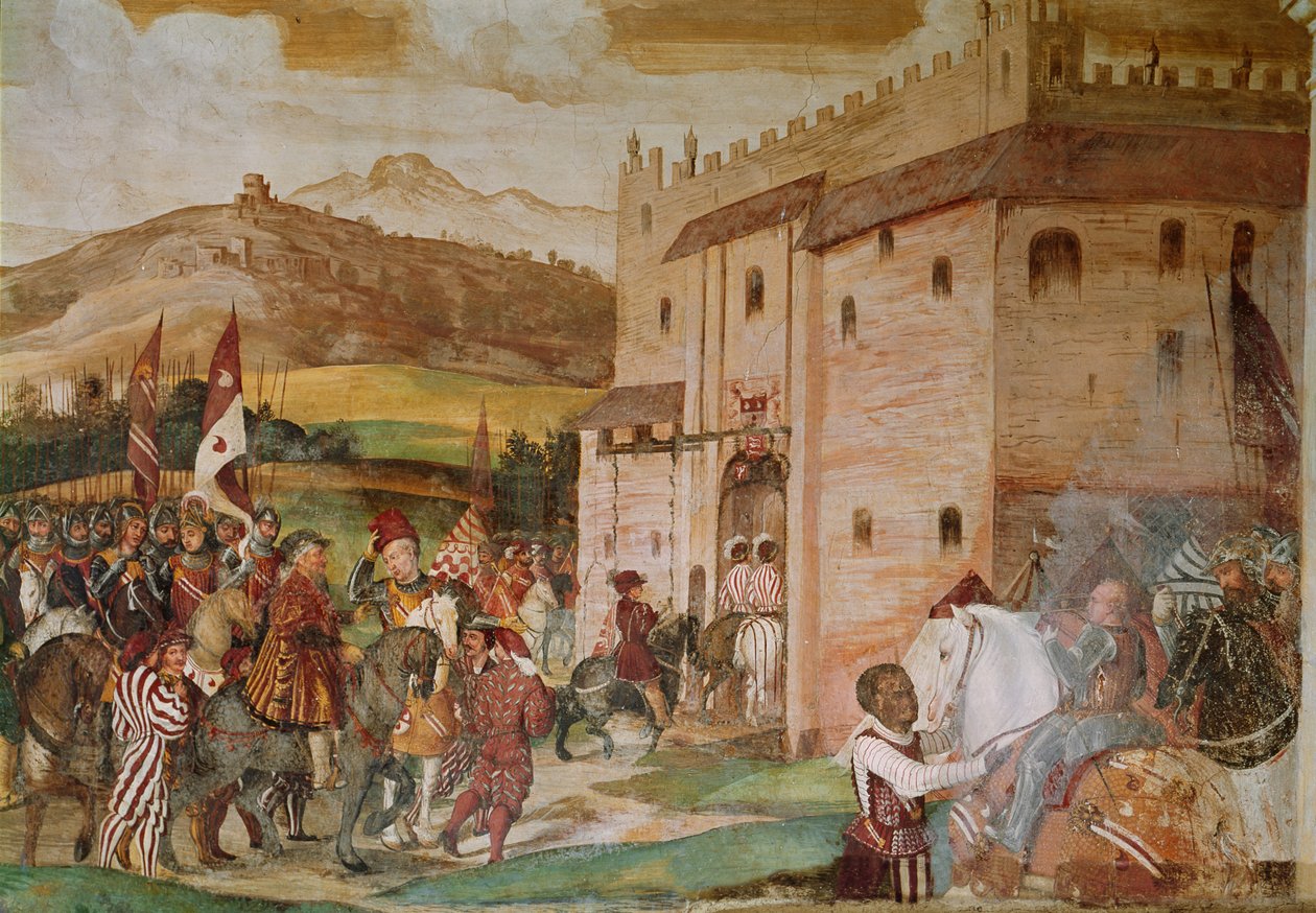 I. Keresztény dán király fogadása a condottiere, Bartolomeo Colleoni által a malpagai kastélyban 1474-ben, 1520-30 alkotó: Girolamo Romanino