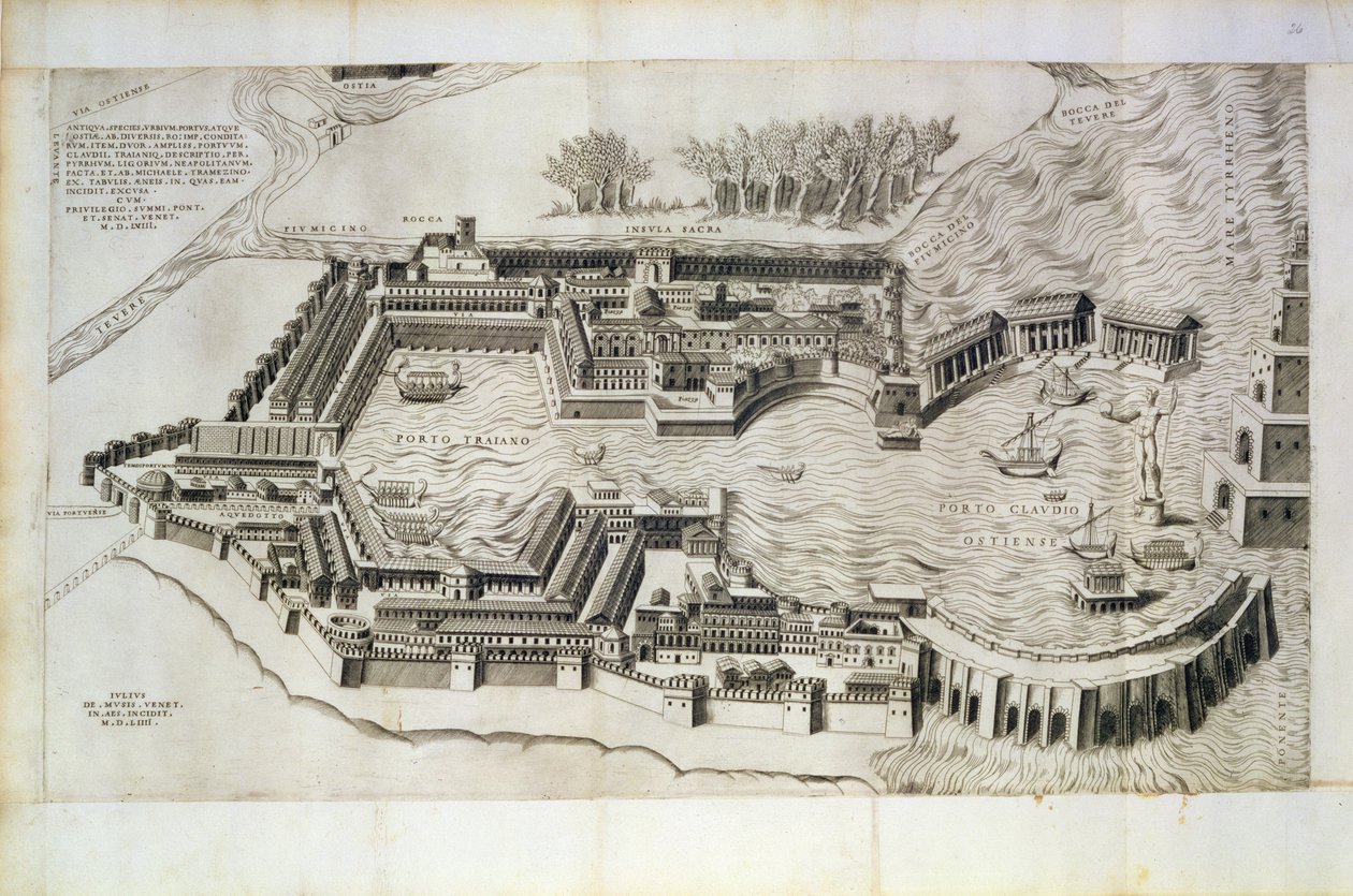 Az ostia anticai kikötő terve, a művész által metszett, 1554 alkotó: Giulio de Musi