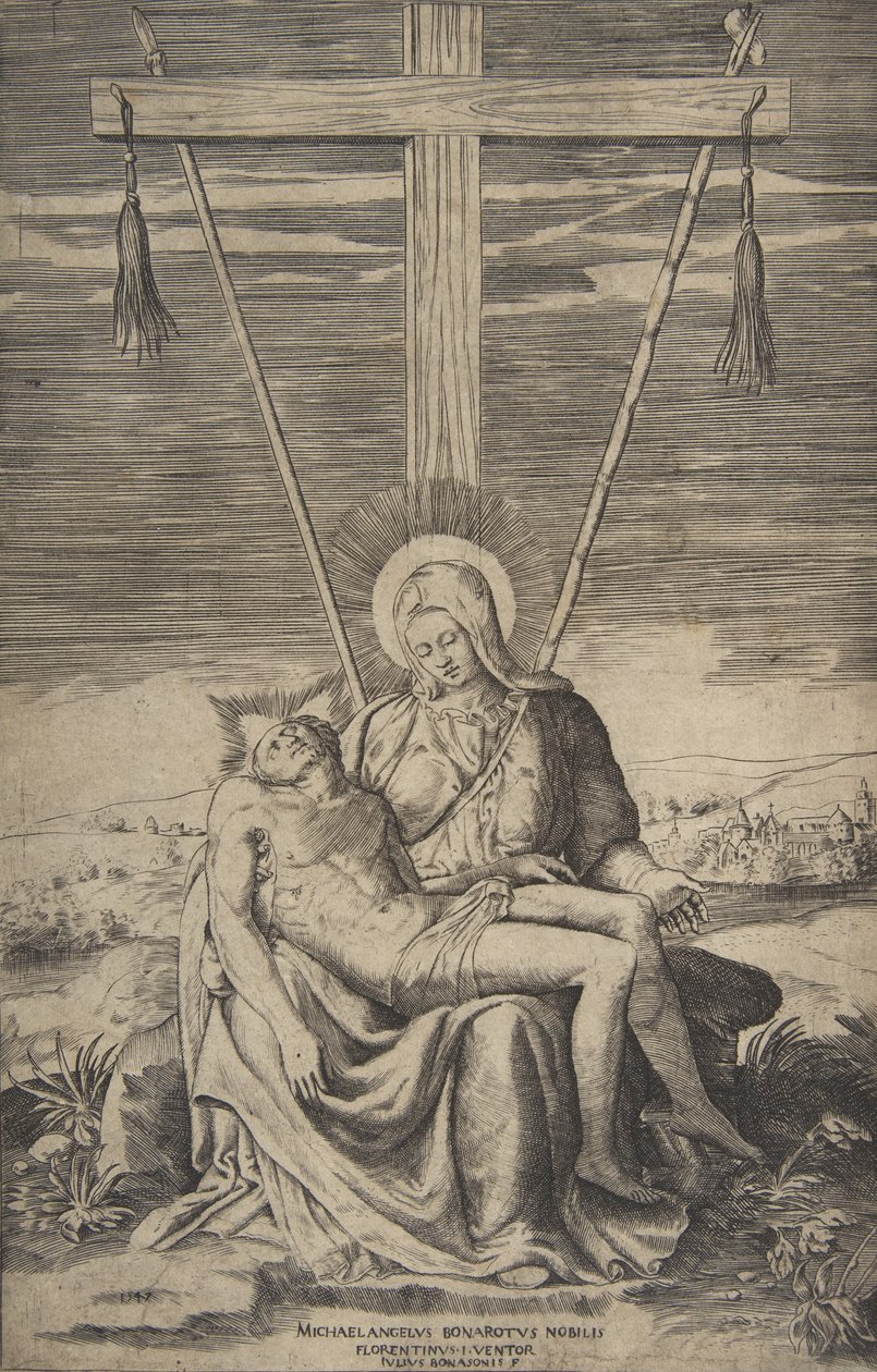 Pieta a Golgata keresztje alatt, 1547. alkotó: Giulio Bonasone